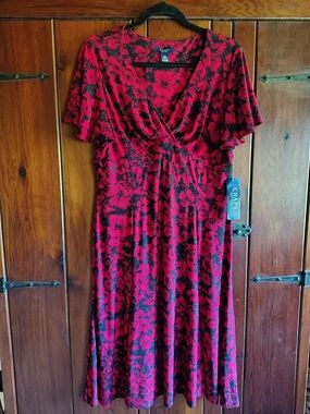 Chaps Red and Black Floral Faux-Wrap Midi Dress